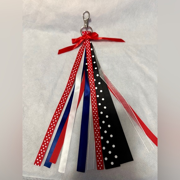 Red, white, blue, and Black with Polka Dot Ribbons bag charm - Picture 1 of 3